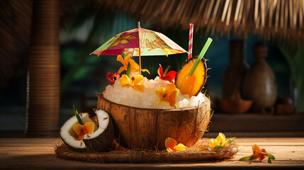 A fruity pina colada served in a coconut shell with a paper umbrella and tropical fruit skewers.