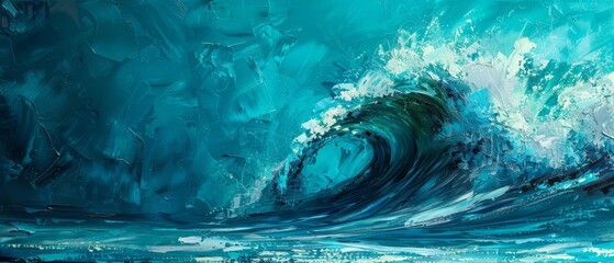 An abstract ocean wave in vibrant blue and teal, rendered in oil paint style, creates a dynamic and soothing backdrop for summer escapades
