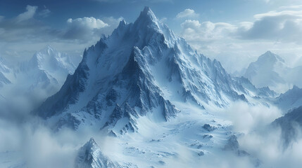 Alpine Solitude: A solitary peak stands tall among snow capped mountains, a testament to untouched beauty   Photo realistic concept