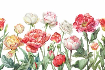 Elegant watercolor botanical illustrations of roses, peonies, and tulips in vibrant hues provide a naturalistic and romantic flair for greeting cards
