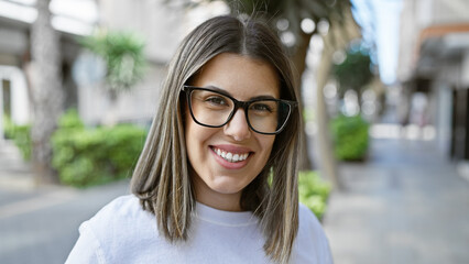 Smiling young hispanic woman with glasses on a city street, projecting confidence and urban style.