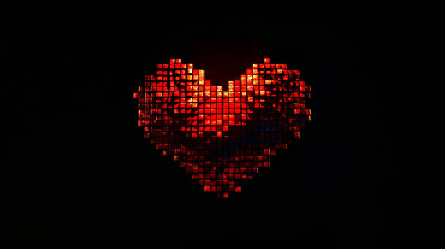 Abstract digital heart made of glowing red pixels isolated on a black background