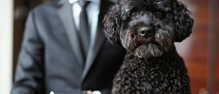 Formal business attirewearing Portuguese water dog in a corporate office setting