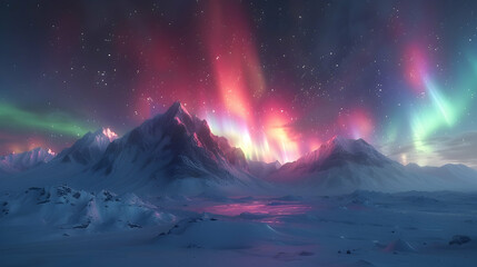 Vivid Northern Lights Dancing Over Snow Capped Mountains: A Mesmerizing Winter Landscape