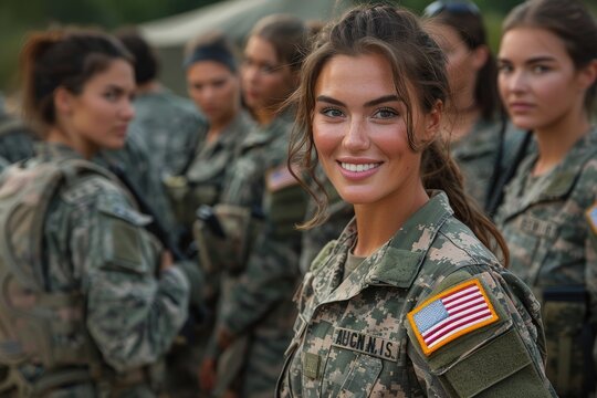 A joyous female soldier with a bright smile poses with her squad subtly out of focus behind her