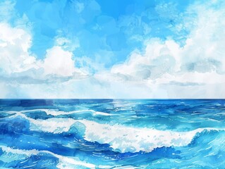 The serene watercolor ocean waves under a sunny sky paint a peaceful banner background, ideal for promoting relaxation and calmness in spa advertisements