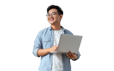 Young Man with Laptop on Transparent Background