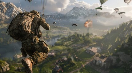 Video Game Scene Players Parachute Falling into The Battlefield Below