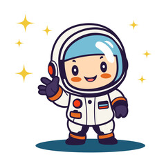  A young, smiling astronaut in a white spacesuit waving and surrounded by stars
