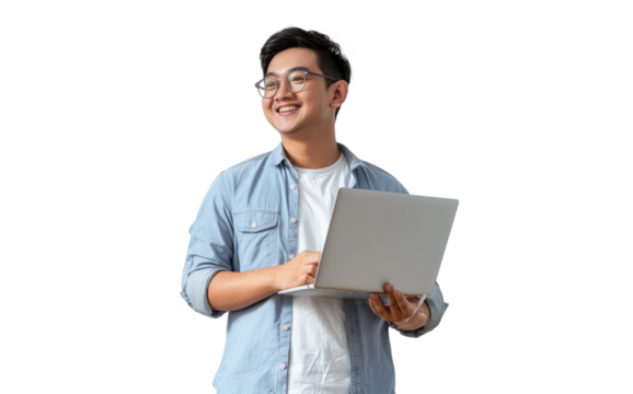 Young Man with Laptop on Transparent Background