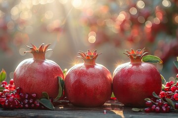 Three backlit pomegranates casting a magical glow, suggesting warmth and harvest time