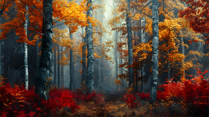 Photo realistic portrayal of Autumn Colors in Old Growth Forest as nature transforms the landscape into a vibrant canvas of deep reds to bright yellows