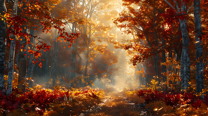 Fototapeta na wymiar Nature s Splendor: Autumn s Vibrant Transformation of an Old Growth Forest into a Canvas of Photo Realistic Colors from Deep Reds to Bright Yellows