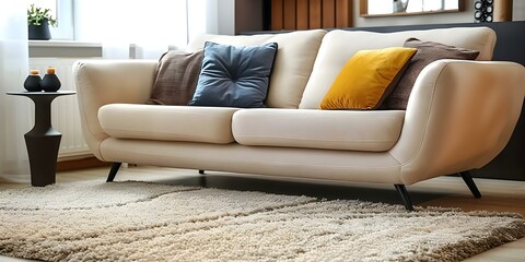 Closeup of beige sofa on carpet in home interior setting. Concept Home Interior Design, Beige Sofa, Closeup Photography, Cozy Living Room