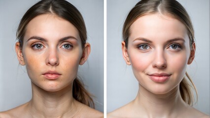 Before and After Transformation: A comparison image showing the transformation of skin or appearance before and after using skincare products or undergoing beauty treatments, illustrating	
