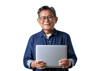 Senior Asian Man with Laptop Smiling