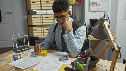 A focused man examines evidence in a detective's office, surrounded by documents, a camera, and...