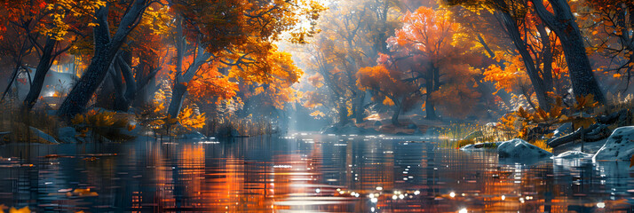 Autumn River Reflection: Tranquil Water Flow Through Colorful Trees Capturing the Spectrum of Fall Hues in Photo Realistic Stock Concept