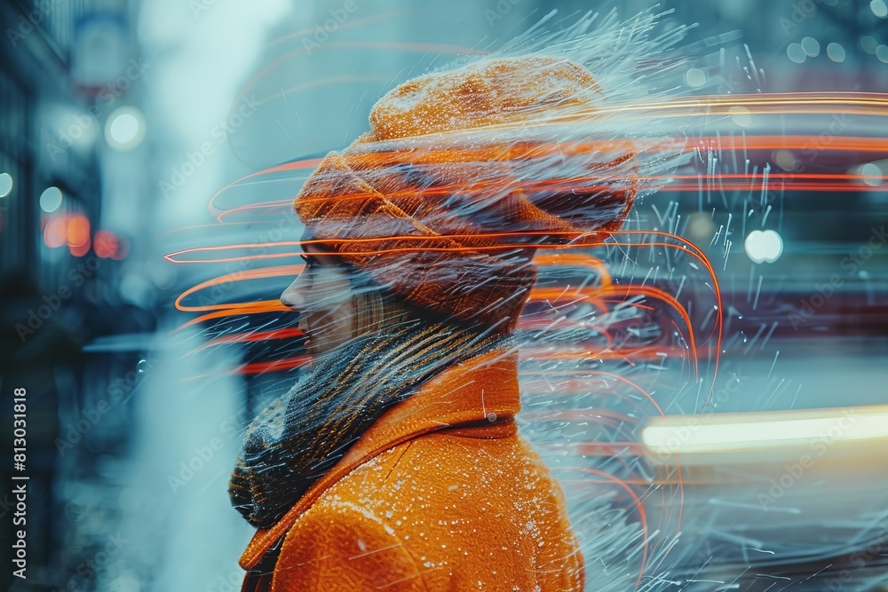 Poster a person stands enveloped in a swirl of light streaks, giving a dynamic feel to the static image