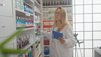 A professional woman pharmacist with blonde hair reviews inventory in a well-lit pharmacy while holding a tablet.
