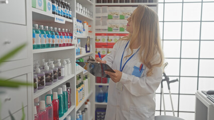 A blonde woman pharmacist in a white coat reviews inventory in a modern pharmacy indoors.