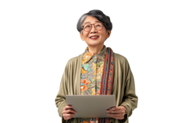 Senior Asian Woman with Laptop Smiling