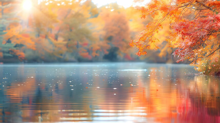 Autumn Serenity by the Lake: Fall colors surrounding a serene lake, reflecting vibrant orange and red hues in its still waters.