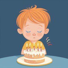 Child blowing out birthday cake candles flat design front view wishful thinking theme animation Splitcomplementary color scheme