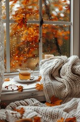 Cozy Evening: Blanket, Tea Cup, and Teapot on Window Sill