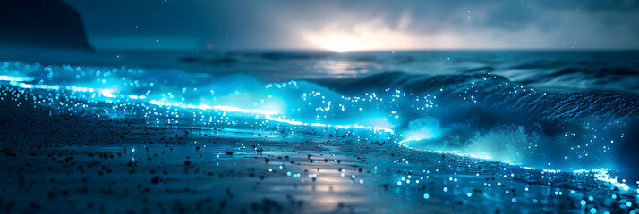 Glowing Paradise: Bioluminescent Beach at Twilight   Photo Realistic Concept of Coastline Illuminated by Bioluminescent Waves as Twilight Fades