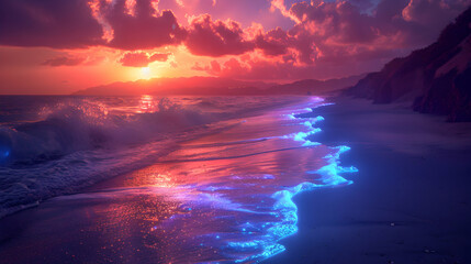 Magical Bioluminescent Beach at Twilight: Transforming the Coastline into a Glowing Paradise with Photo realistic Waves