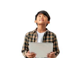 Boy with Tablet Looking Upward