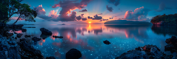 Glowing Lagoon at Dusk: Bioluminescent Beauty for Evening Relaxation   Photo Realistic Stock Concept