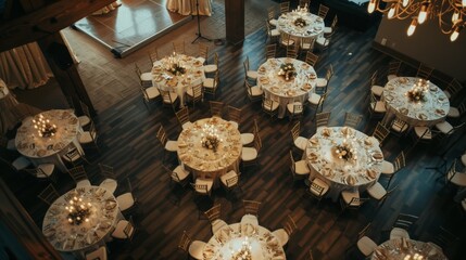 The image shows a large room with several round tables set up for an event