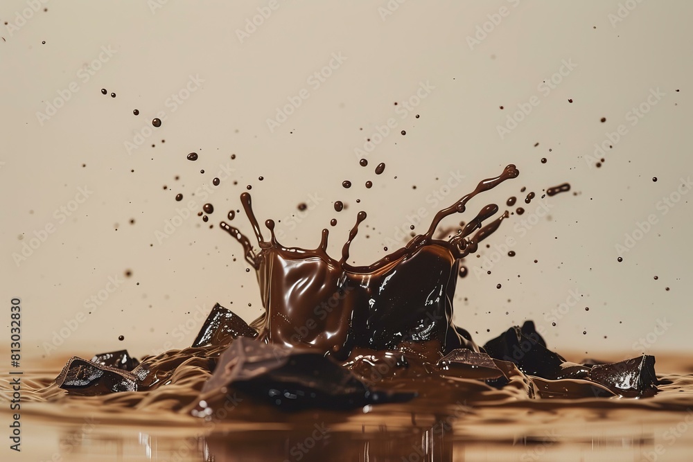 Poster highspeed capture of a chocolate splash with flying chunks on a creamy background