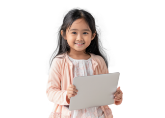 Young Girl with Tablet on Transparent Background