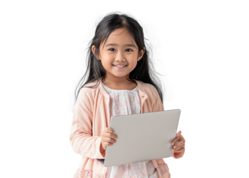 Young Girl with Tablet on Transparent Background
