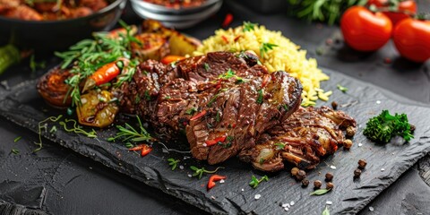Turkish Kuzu Tandir on a slate plate, Slow-roasted lamb marinated in herbs and spices, Tender and...