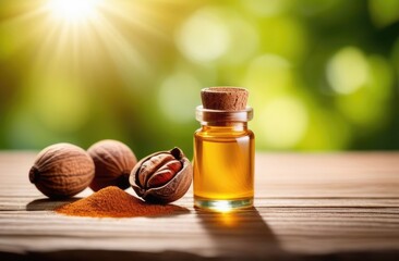 a small glass bottle of nutmeg oil on a wooden table, a pile of nutmegs, a forest on the background, a sunny day - Powered by Adobe