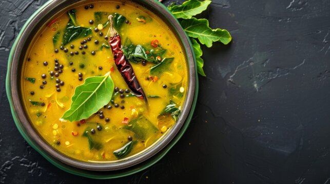 A bowl of Basale Soppu Sambar (Malabar spinach sambar), a traditional South Indian stew known for its vibrant color and fragrant spices.