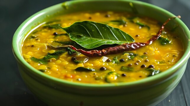 A bowl of Basale Soppu Sambar (Malabar spinach sambar), a traditional South Indian stew known for its vibrant color and fragrant spices.