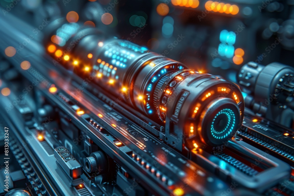Poster an image showcasing futuristic machine parts with digital interface and glowing elements, signifying