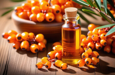 a small transparent glass bottle of sea buckthorn essential oil on a wooden table, ripe sea buckthorn, eco-friendly medicinal solution, natural background, sunny day