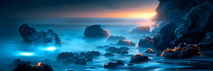 Breathtaking Photo Realistic Bioluminescent Tide Concept: Mesmerizing Display of Light Illuminating Beach and Rocks as Tide Rolls In