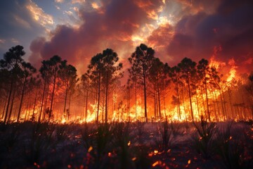 The burning forest silhouette against a fiery sunset sky creates a stunning and somber juxtaposition of beauty and destruction
