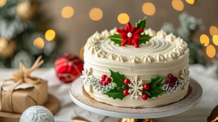 Cake decorated with seasonal accents like holly and snowflakes