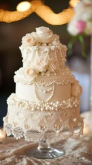 Vintage inspired cake with pearl accents and delicate lace details