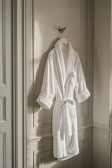 white hotel robe hanging on the wall in the hotel