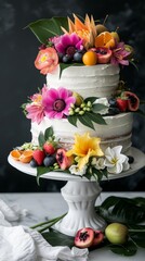Tropical themed cake featuring edible flowers and exotic fruits