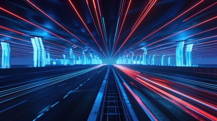 The impact of car headlights on the expressway. Low-poly construction of fine lines. Blue background
